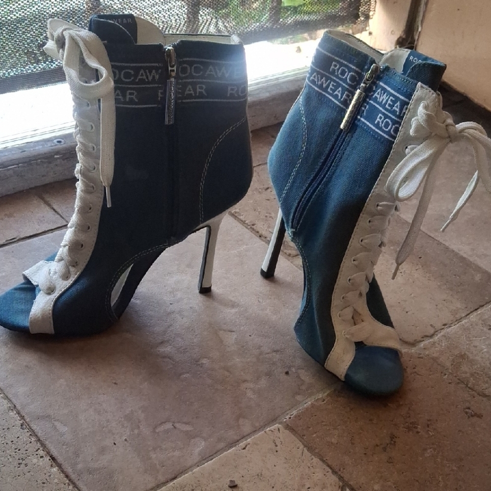 Rocawear Denim and White Lace-Up Heeled Boots